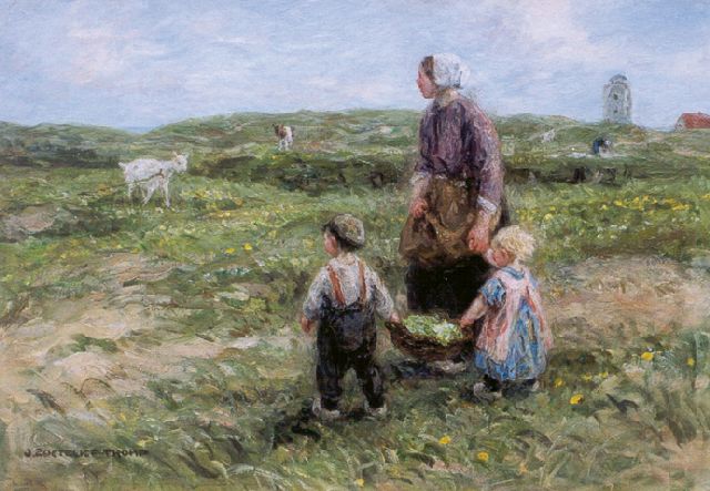 Jan Zoetelief Tromp | Feeding the goat, in the distance the 'Vuurbaak' of Katwijk, Öl auf Leinwand, 40,6 x 56,6 cm, signed l.l.