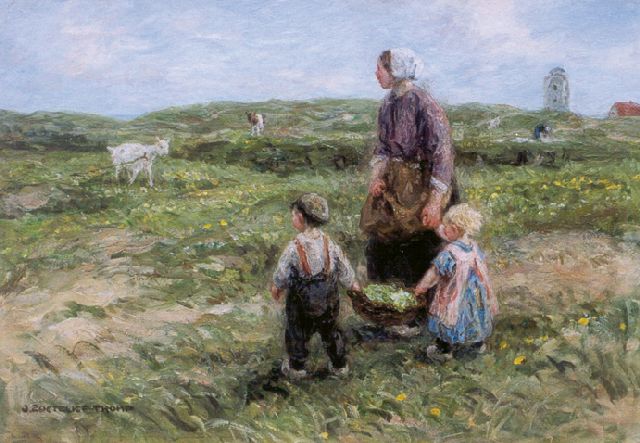 Jan Zoetelief Tromp | Feeding the goat, in the distance the 'Vuurbaak' of Katwijk, Öl auf Leinwand, 40,6 x 56,6 cm, signed l.l.