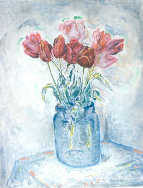 Nico van Rijn | Tulips in a glass vase, Öl auf Leinwand, 50,0 x 40,3 cm