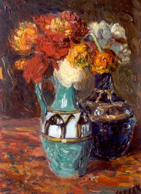 Maurits Niekerk | Still life of two vases with flowers, Öl auf Holz, 30,9 x 21,8 cm, signed l.r.