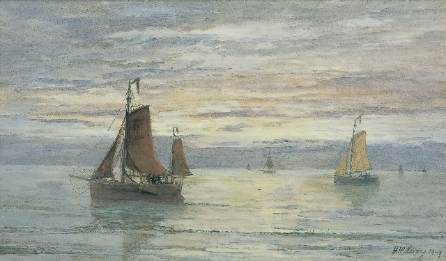 Hendrik Willem Mesdag | Sailing vessels at dusk, Aquarell auf Papier, 39,3 x 66,5 cm, signed l.r. und dated 1904