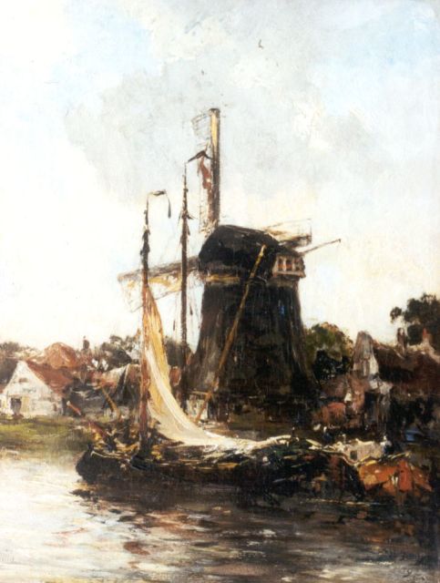Hobbe Smith | Moored shipping by a windmill, Öl auf Leinwand, 48,2 x 38,8 cm, signed l.l.