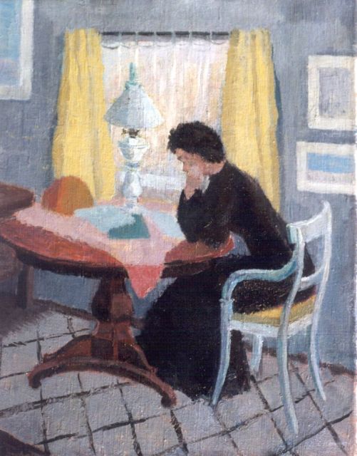 Gispen W.H.  | A woman, reading in an interior, Öl auf Leinwand 50,4 x 40,0 cm, signed l.l. with initials und painted '48