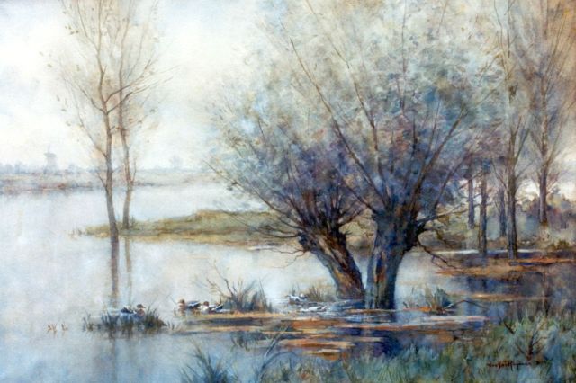 Jan Rhijnnen | Ducks in a pond, Aquarell auf Papier, 35,0 x 53,0 cm, signed l.r.