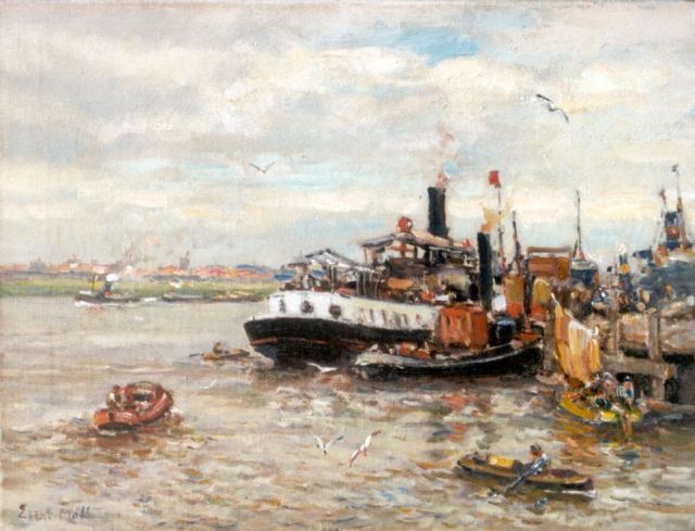 Evert Moll | Passenger's service and towboats at a pier, Öl auf Leinwand, 30,5 x 40,5 cm, signed l.l.