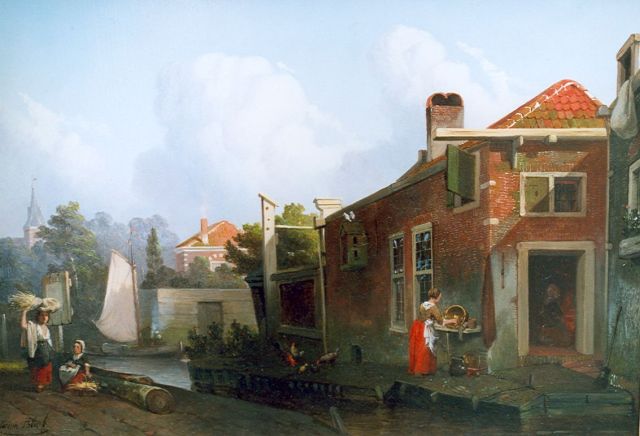 Bles J.  | Dutch village view with maids, Öl auf Holz 27,0 x 38,5 cm, signed l.l.