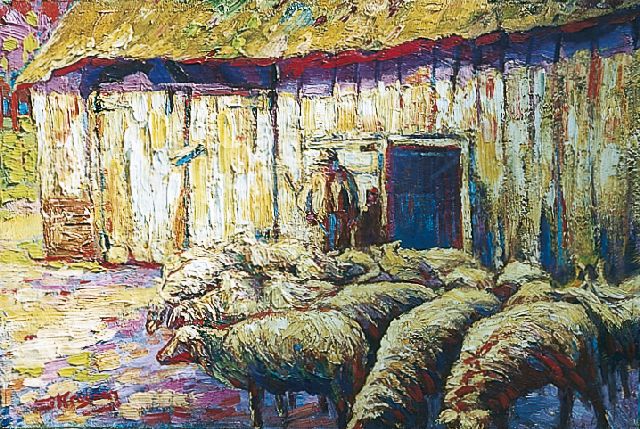 Jan Kruysen | A shepherd with flock, Öl auf Leinwand, 34,2 x 51,0 cm, signed l.l.; und data  circa 1915