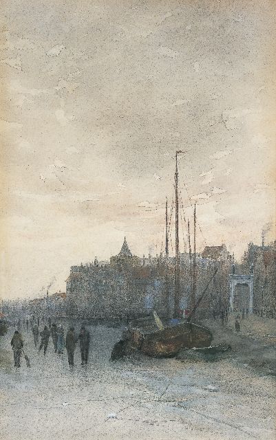 Jozef Neuhuys | Skaters on the river IJssel, Kampen, Aquarell auf Papier, 45,1 x 28,6 cm, signed l.r.