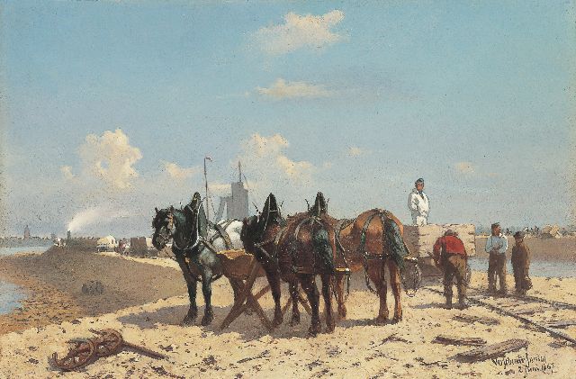Wouter Verschuur jr. | The construction of the Noordzeekanal, Öl auf Holz, 17,8 x 26,8 cm, signed l.r. und dated 2 juni 1867