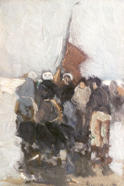 Morgenstjerne Munthe | Fisherfolk on the beach, Öl auf Malereifaser, 15,9 x 10,8 cm, signed l.r.