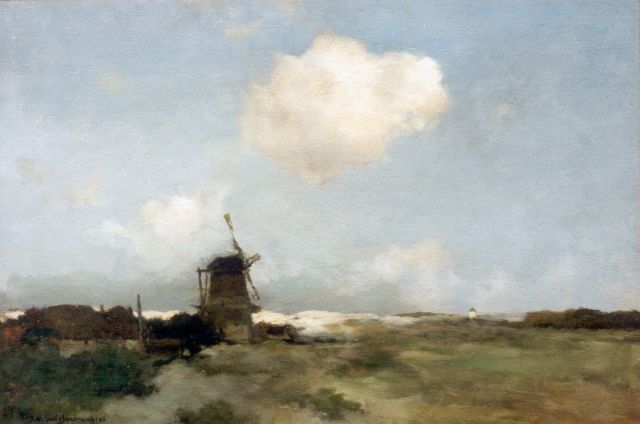 Jan Hendrik Weissenbruch | A dune landscape with a windmill, Öl auf Holz, 42,4 x 62,0 cm, signed l.l. und dated '96