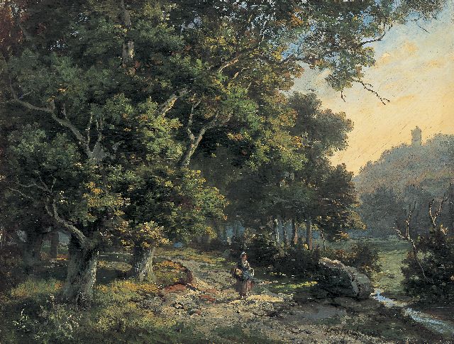 Hendrik Barend Koekkoek | Auf einem Weg am Waldrand entlang, Öl auf Holz, 20,6 x 27,1 cm, signed l.r.