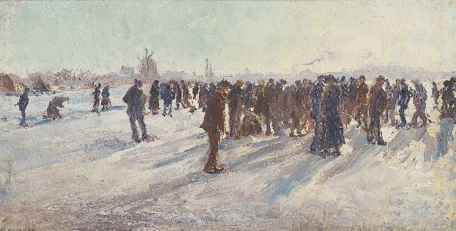 Ko Cossaar | A winter landscape with skaters, Öl auf Leinwand Malereifaser, 25,0 x 46,8 cm, signed l.l.