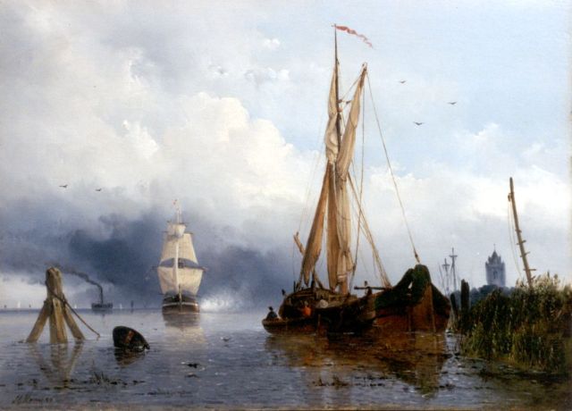 J.G. Hans | Sailing vessels by a jetty, Öl auf Holz, 34,2 x 47,4 cm, signed l.l. und dated '50