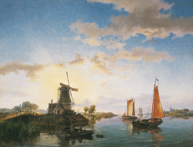 Hermanus Koekkoek | A river landscape at sunset, Öl auf Leinwand, 40,5 x 52,3 cm, signed l.l. and on a label on the reverse und dated 1845
