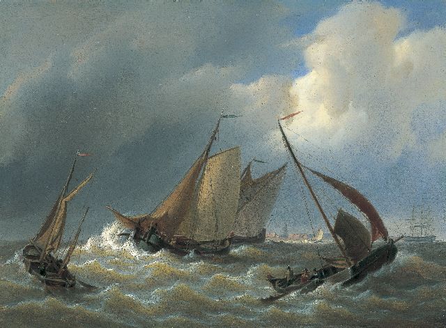 Petrus Johannes Schotel | Shipping on stormy waters, Öl auf Holz, 26,7 x 36,2 cm, signed l.r.