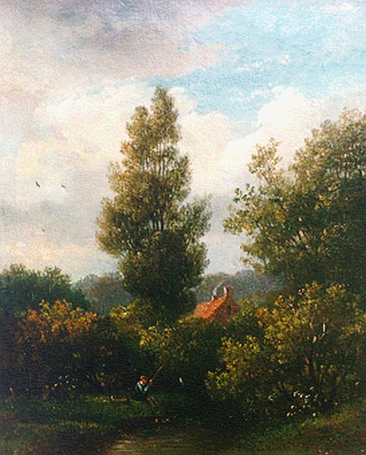 Wisselingh J.P. van | A fisherman in a wooded landscape, Öl auf Holz 31,7 x 26,2 cm, signed l.r. (traces)