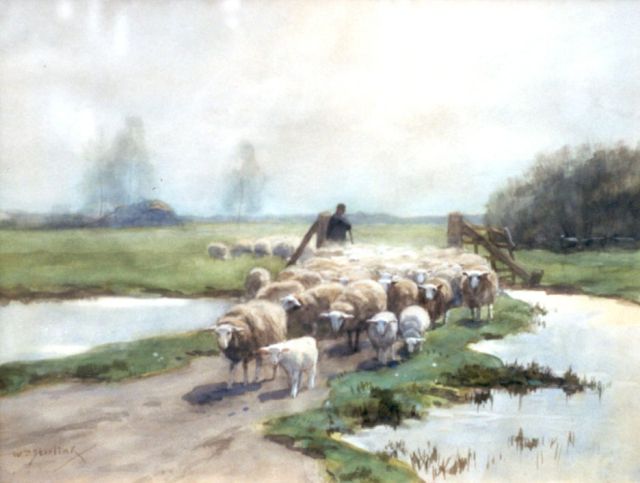 Willem Steelink jr. | A shepherd and flock, Aquarell auf Papier, 30,9 x 40,8 cm, signed l.l.