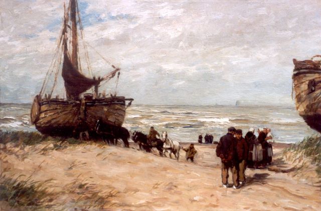 Wilhem Hambüchen | 'Bomschuiten' and fisherfolk on the beach of Katwijk, Öl auf Leinwand, 50,0 x 75,0 cm, signed l.l.
