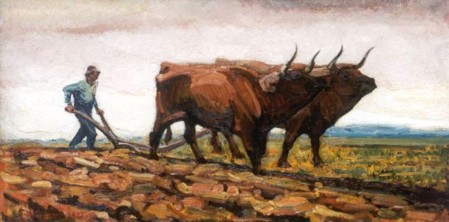 Herman Gouwe | Ploughing the fields, Öl auf Leinwand, 43,2 x 85,3 cm, signed l.l. und dated 1922