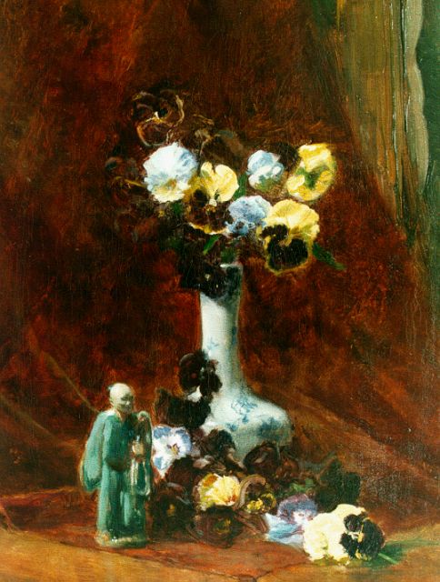 Witkamp jr. E.S.  | A still life with violets and a Japanese statue, Öl auf Leinwand 52,0 x 37,0 cm, signed l.r.