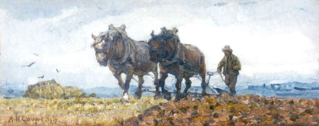 Adriaan Herman Gouwe | Ploughing farmer, Öl auf Leinwand, 13,6 x 33,3 cm, dated 1917