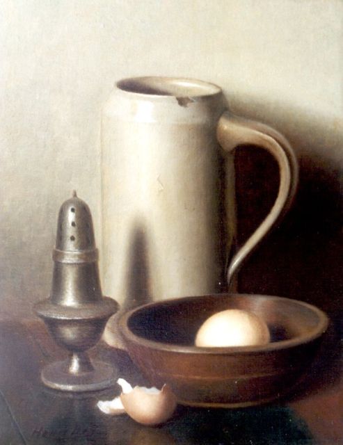 Henk Bos | A still life with a mug and egg, Öl auf Leinwand, 30,5 x 24,3 cm, signed l.l.