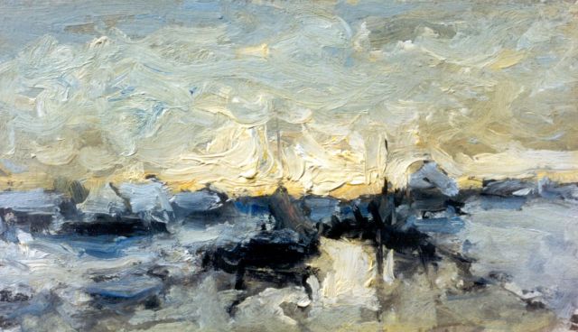 Munthe G.A.L.  | A river landscape in winter, Öl auf Malerpappe 12,4 x 21,1 cm, signed on the reverse