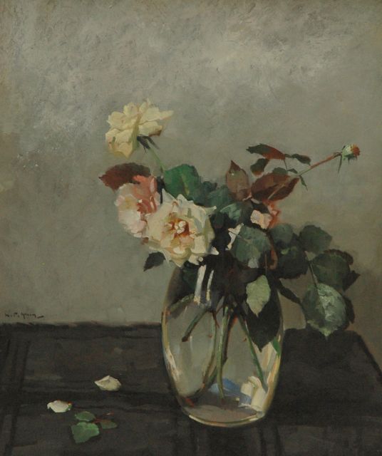 Groen H.P.  | Roses in a glass vase, Öl auf Malerpappe 58,1 x 49,0 cm, signed left of the middle