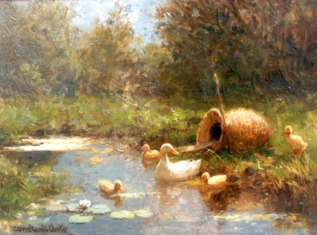 Constant Artz | Duck with ducklings on the riverbank, Öl auf Holz, 18,1 x 24,1 cm, signed l.l.