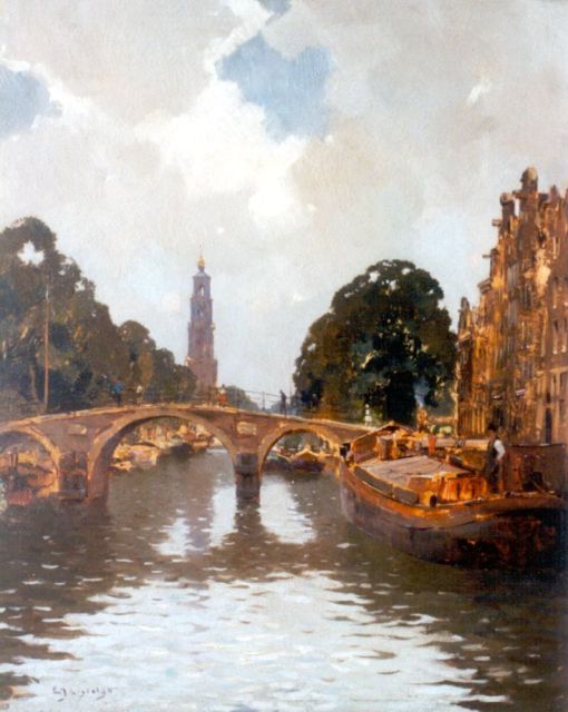 Evert Jan Ligtelijn | View of the Prinsengracht, with the Westertoren beyond, Amsterdam, Öl auf Malereifaser, 50,0 x 40,0 cm, signed l.l.