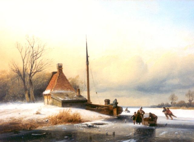Mattias Parré | A winter landscape with skaters on the ice, Öl auf Holz, 26,3 x 36,2 cm, signed l.r.