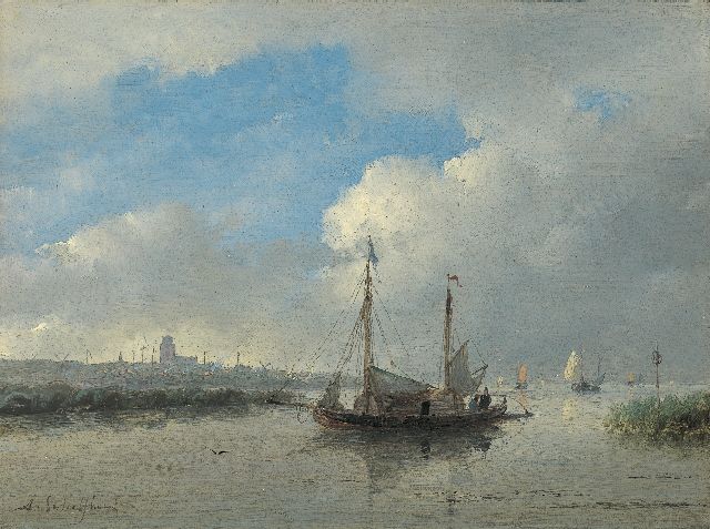 Andreas Schelfhout | Shipping on the river Merwede, Dordrecht, Öl auf Holz, 17,8 x 24,0 cm, signed l.l.