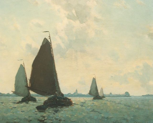 Egnatius Ydema | Shipping in full sail, with Oudega in the distance, Öl auf Leinwand, 64,0 x 76,0 cm, signed l.r.