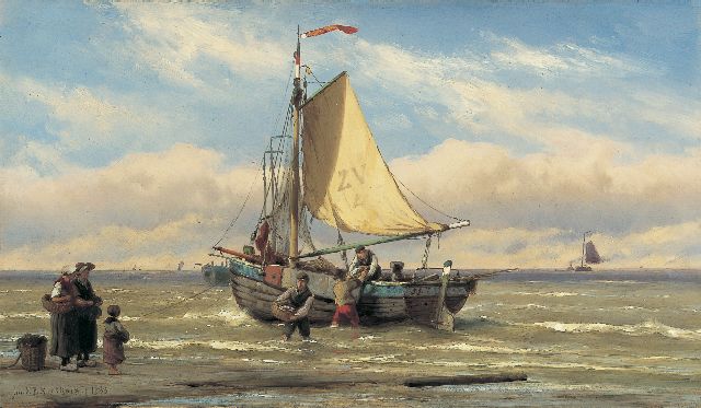 Koekkoek J.H.B.  | Unloading the catch, Zandvoort, Öl auf Holz 24,3 x 42,0 cm, signed l.l. and on the reverse und dated 1888