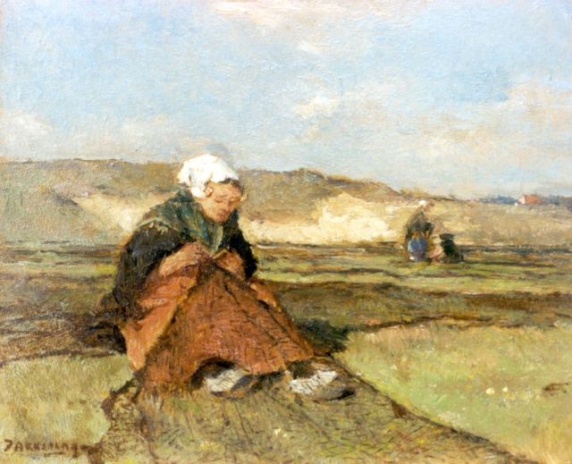 Johannes Evert Akkeringa | Mending nets in the dunes, Öl auf Holz, 14,5 x 17,1 cm, signed l.l.