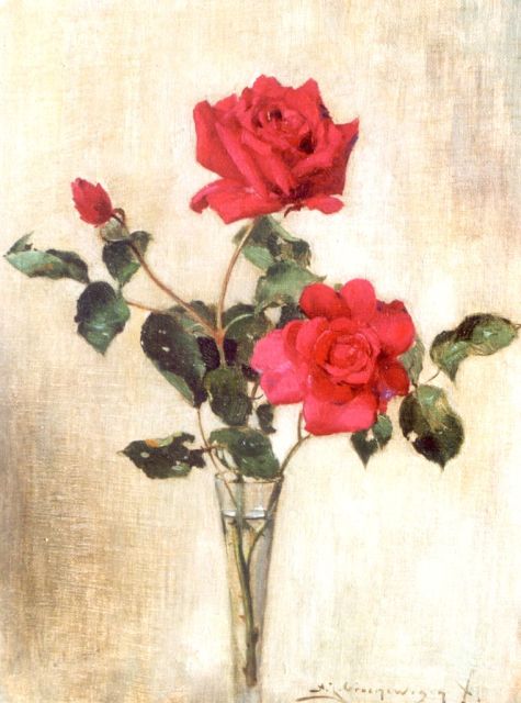 Groenewegen A.J.  | Red roses in a glass vase, Öl auf Leinwand auf Tafel 33,6 x 25,5 cm, signed signed l.r.