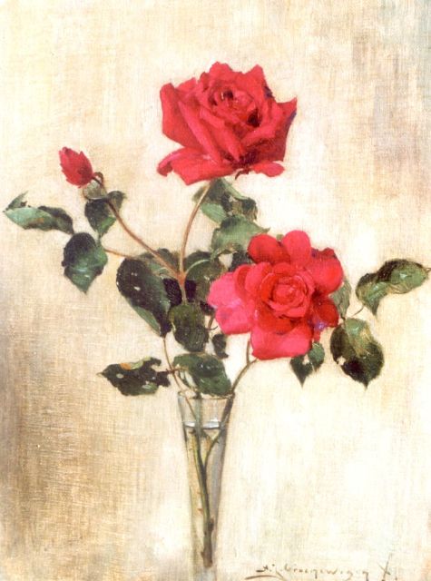 Groenewegen A.J.  | Red roses in a glass vase, Öl auf Leinwand auf Holz 33,6 x 25,5 cm, signed signed l.r.