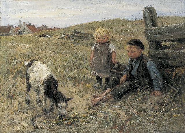 Zoetelief Tromp J.  | Feeding the goat, Öl auf Leinwand 38,2 x 52,5 cm, signed l.r.