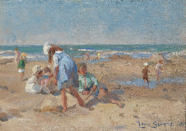Louis Soonius | Children playing on the beach, Öl auf Leinwand auf Holz, 18,4 x 24,1 cm, signed l.r. und dated 1920