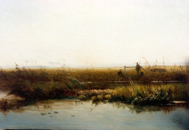 Constan Gabriel | Fishermen in a polder landscape, Öl auf Holz, 21,5 x 31,3 cm, signed l.r.