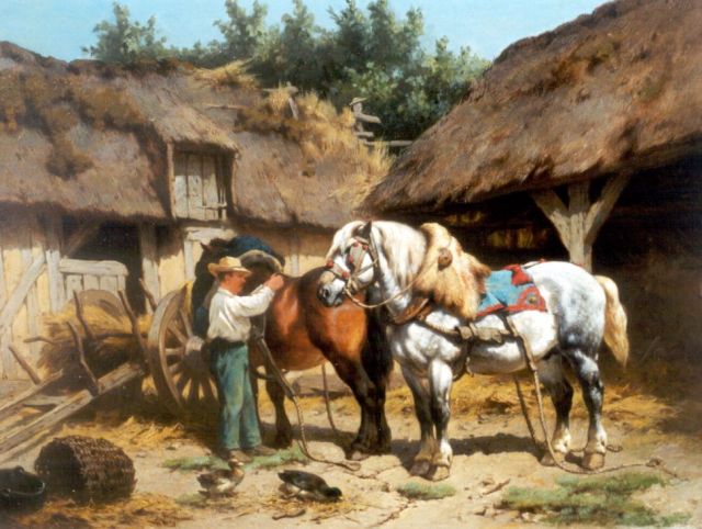Wouter Verschuur jr. | Tending the horses, Öl auf Tafel, 39,1 x 50,6 cm, signed l.l.
