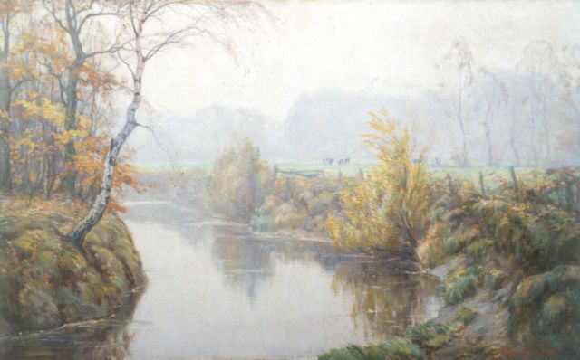 Meijer J.  | Herfstmorgen aan de beek, Öl auf Leinwand 60,4 x 100,6 cm, gesigneerd r.o.