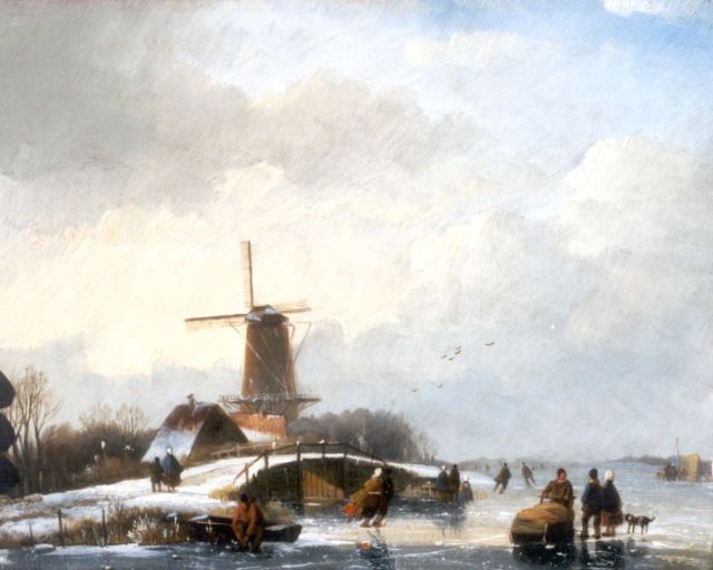 Jan Jacob Spohler | A winter landscape with skaters by a windmill, Öl auf Holz, 20,1 x 25,0 cm, signed l.l. und painted between 1830-1840