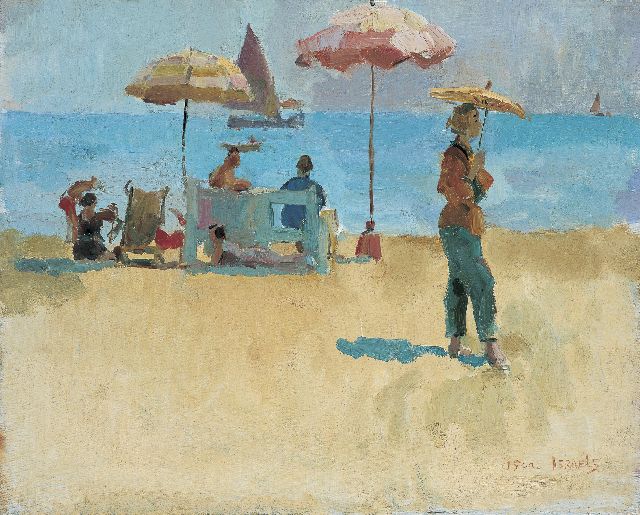Isaac Israels | Strand mit Figuren und Schirmen, Öl auf Leinwand, 40,1 x 50,3 cm, signed l.r.