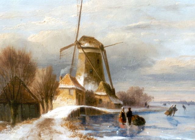 Nicolaas Roosenboom | Skaters on the ice by a windmill, Öl auf Holz, 14,5 x 19,2 cm, signed l.l.
