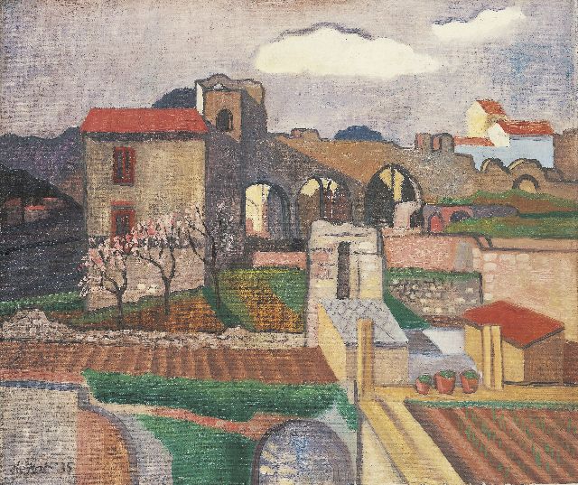 Kat O.B. de | Houses and ruins, Öl auf Leinwand 46,1 x 54,3 cm, signed l.l. und dated '35