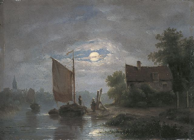 Jacobus van der Stok | A moonlit river landscape, Öl auf Holz, 18,3 x 25,0 cm, signed l.l.