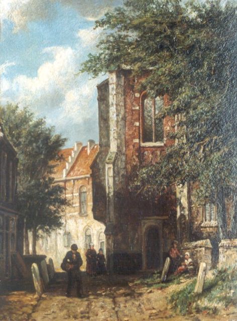 Johannes Jacobus Mittertreiner | A sunlit street, Öl auf Holz, 26,5 x 20,2 cm, signed l.r. with initials