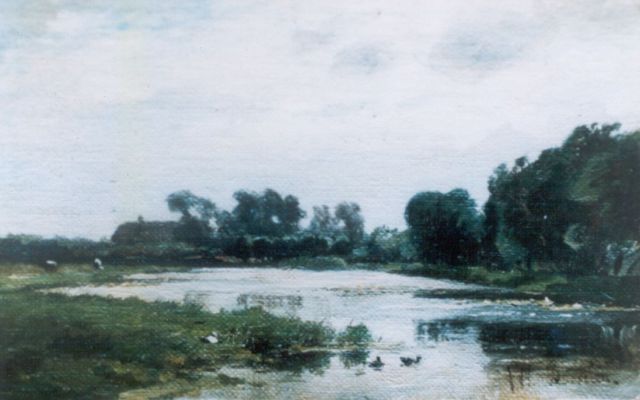Jan Willem van Borselen | A river landscape, Öl auf Leinwand auf Holz, 12,8 x 19,4 cm, signed l.r.